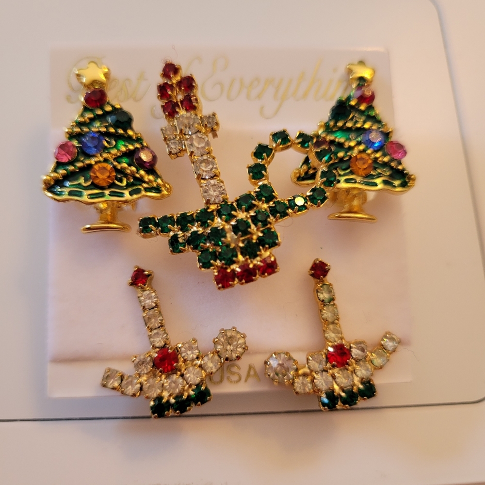 Christmas Jewelry Vintage to Now ~ Clip-On Earrings (2pr) & Brooch ~ Rhinestones